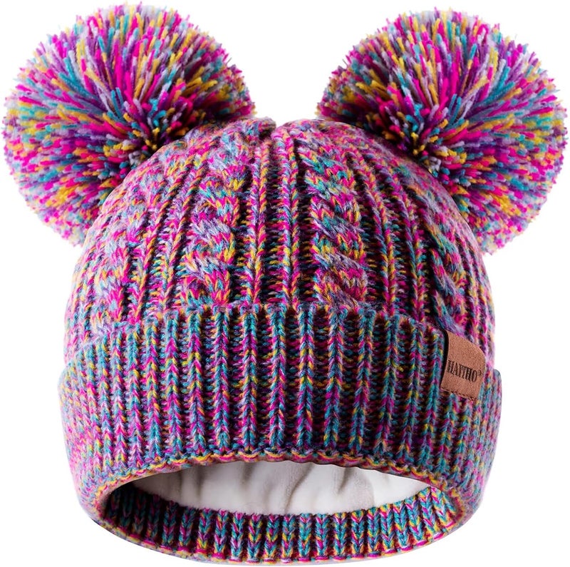 HAITHO Winter Hat for Kids Toddler Children, Girls Beanie with Double Pom Pom Warm Fleece Lined, Girls Accessories Knit Cap - Image 1
